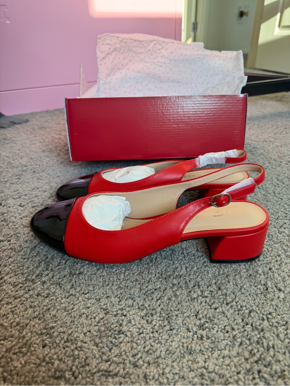 Journee Collection Red and Black Slingback Block Heel Pumps